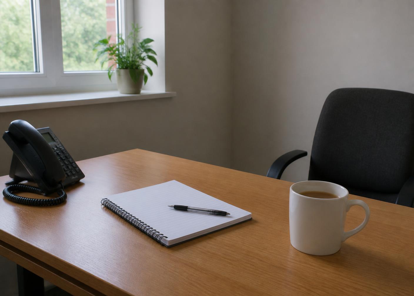 A welcoming office desk with an open notebook, pen, telephone and a mug of tea