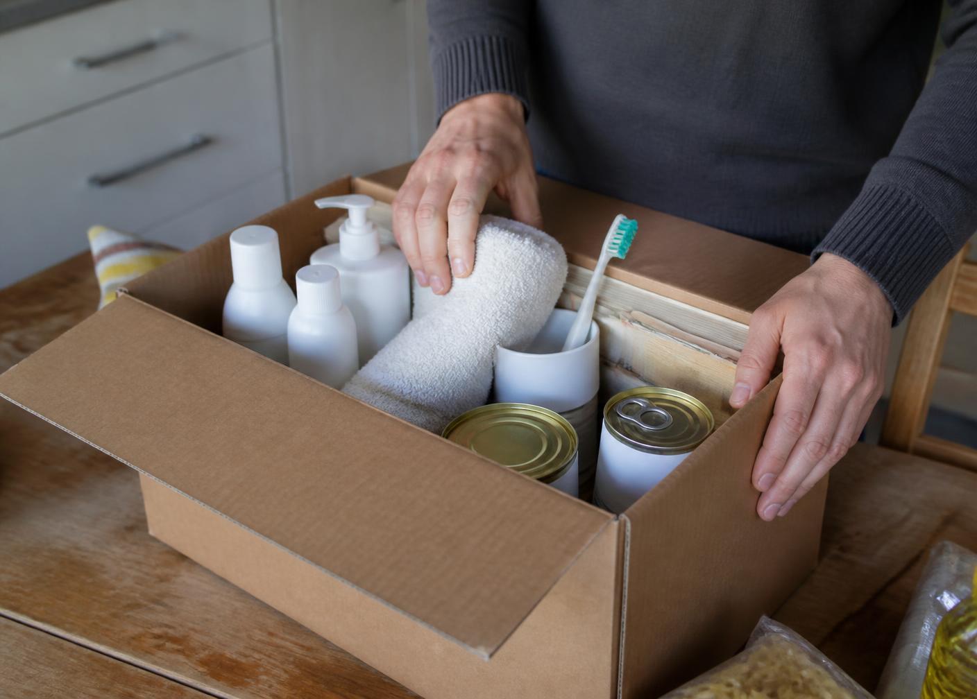 Hands packing a practical care package with toiletries, a towel and everyday food items