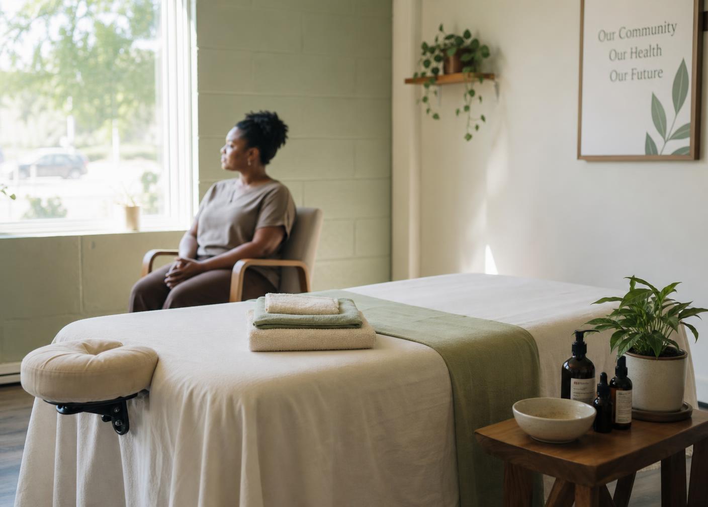 A calm community wellbeing room with a simple massage table, folded cream towels, natural skincare bottles, a small green plant, and a woman resting quietly in a chair by a window
