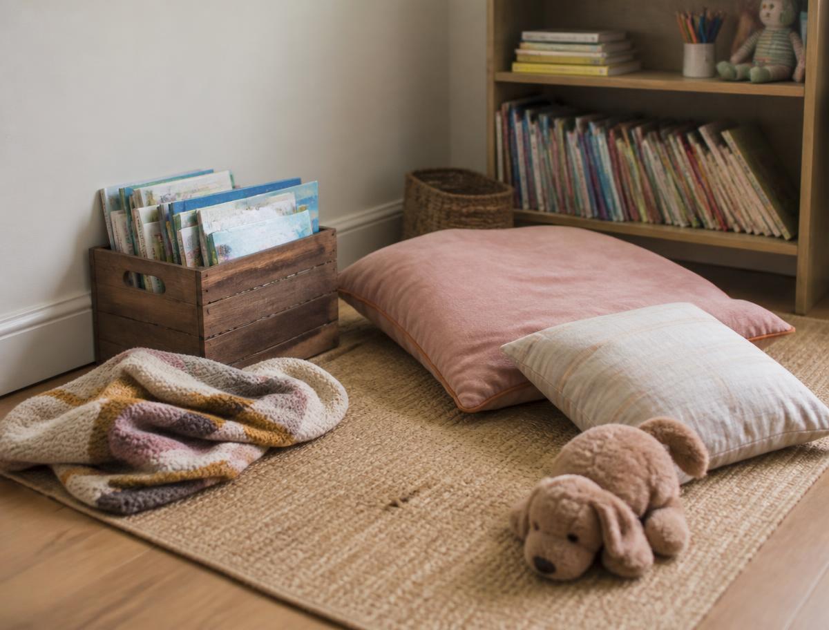 A homely children's reading corner with a crate of picture books, floor cushions, a soft toy and a folded blanket
