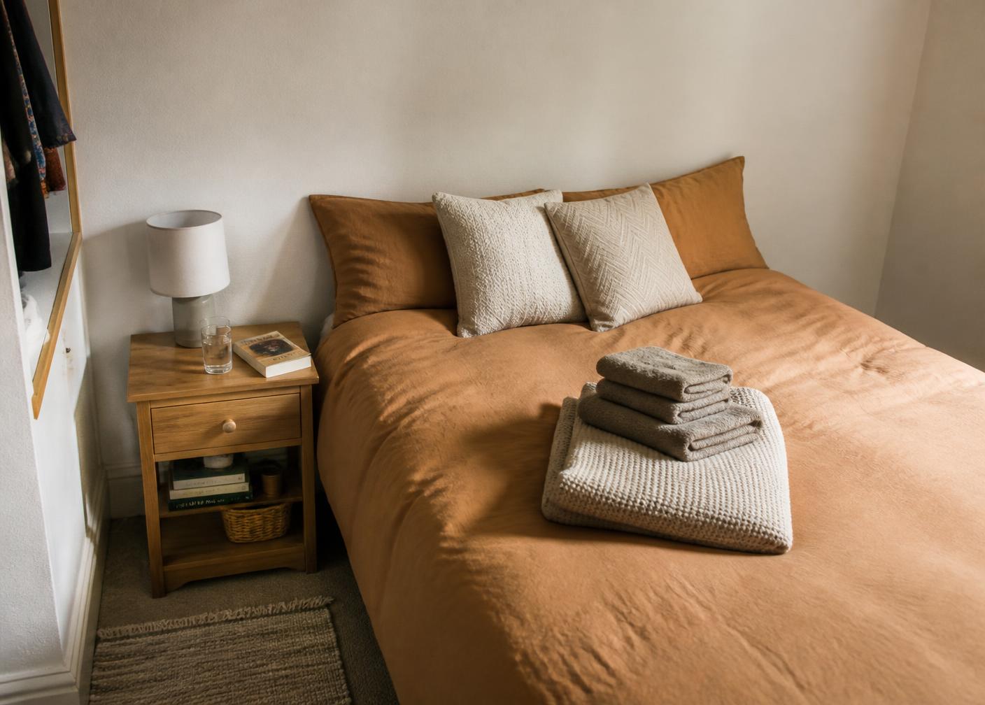 An ordinary, comfortable bedroom with plain warm bedding, folded towels, a blanket and a simple bedside table with a lamp